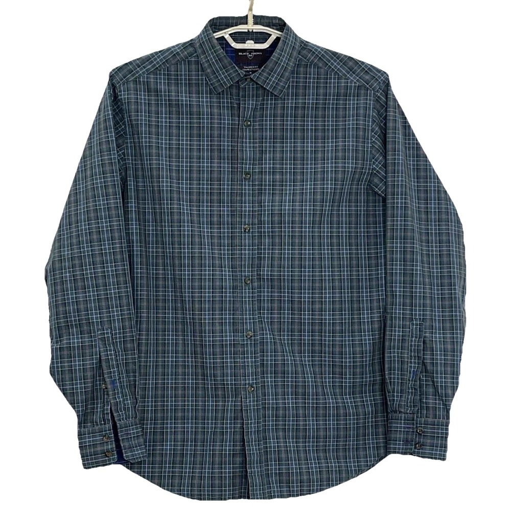 Black Brown 1826 Men's Shirt‎ L Green Plaid Tailored Fit Long Sleeve Pocketless